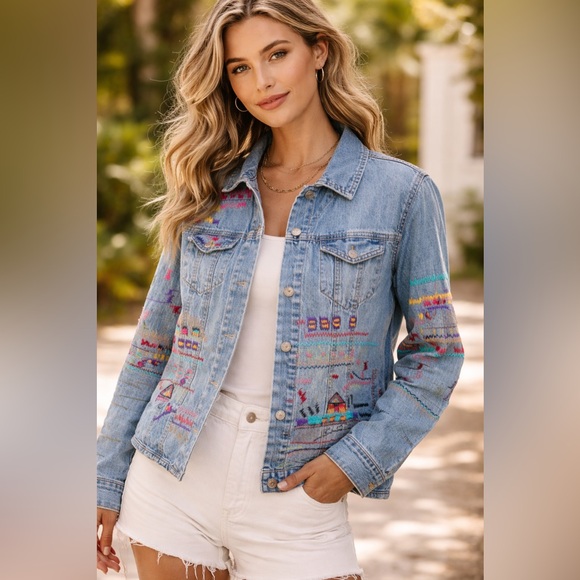 Chico's Jackets & Blazers - Chico’s Embroidered Denim Jacket Colorful Southwestern Stitch Size 2